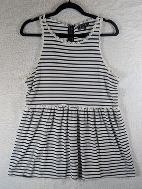 POL Navy & White Striped Lace-Trim Tank Dress